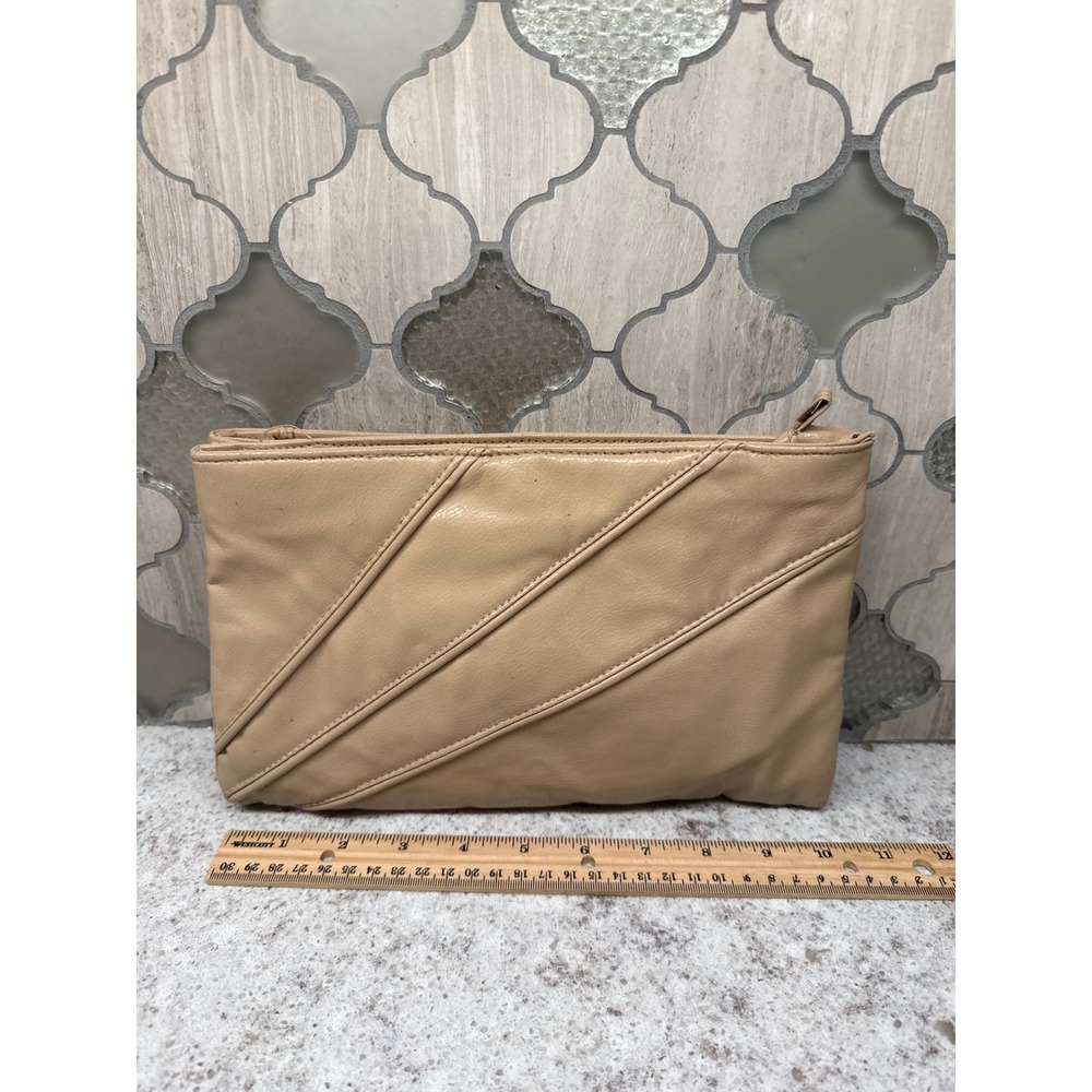 Vintage Tan Faux Leather Diagonal Pleated Clutch Bag Multi Compartment Beige